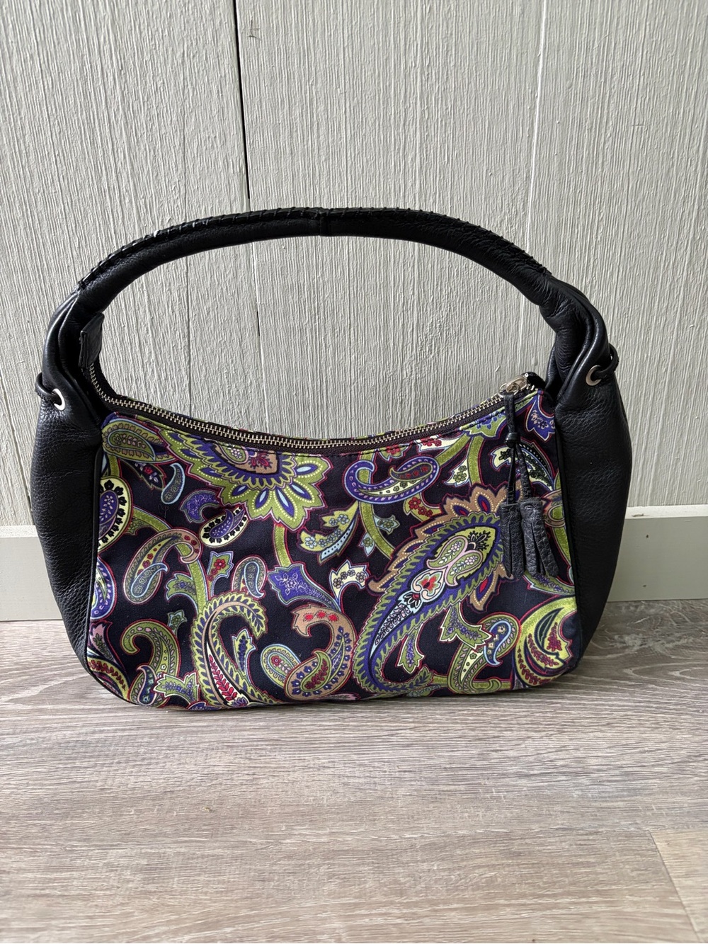 Talbots Black Paisley-Print Shoulder Bag with Leather Trim